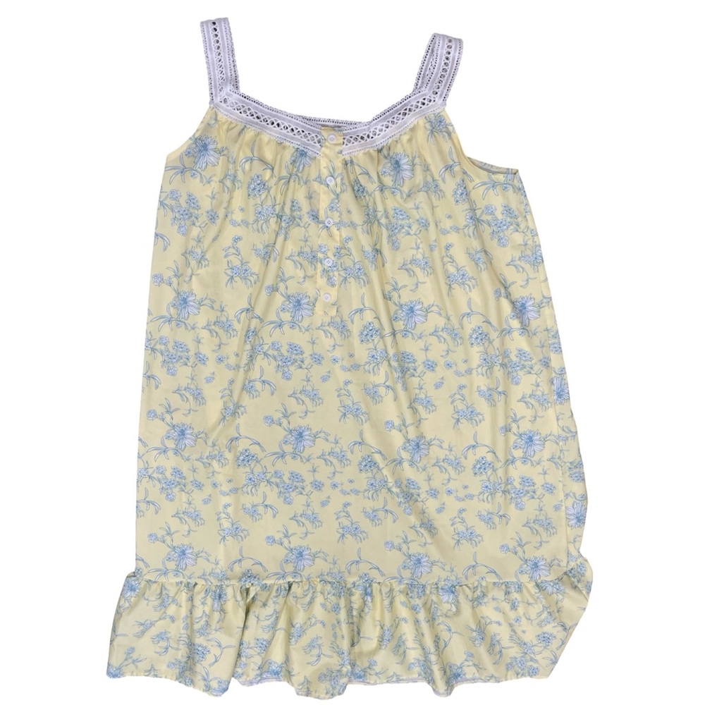 Vintage Yellow Nighty / Night Gown Lace Tiered Hem White & Blue Floral Cottage - Picture 4 of 8